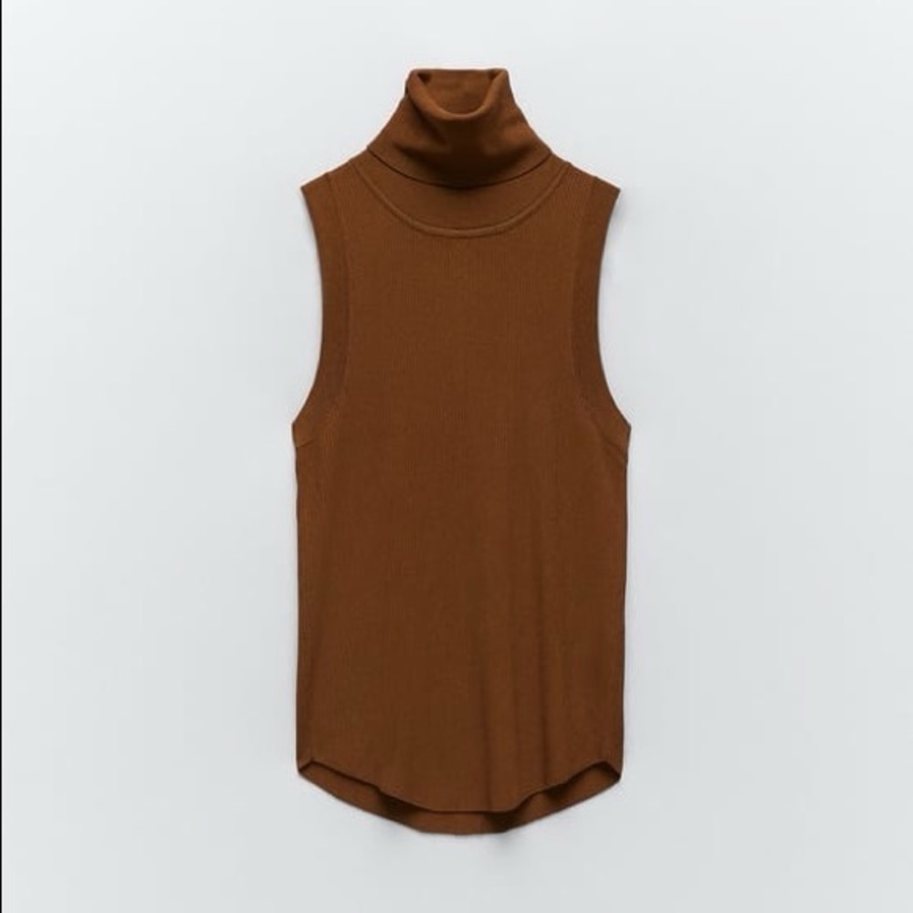 Zara  High Collar Knit Top -  Toffee